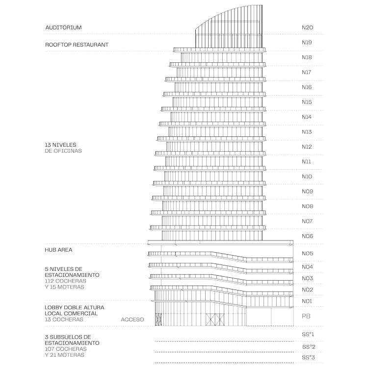 La torre cuenta con los más modernos conceptos arquitectónicos, incluyendo amplios balcones y posibilidad de ventilación natural en todas las oficinas.